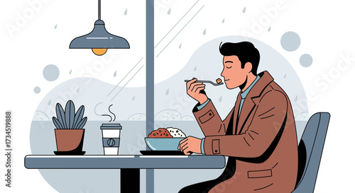 A man enjoying a meal in a cafe on a rainy day creating a peaceful atmosphere through digital