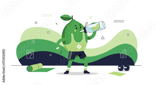 A playful illustration of a lime character hydrating after a workout session featuring fitness