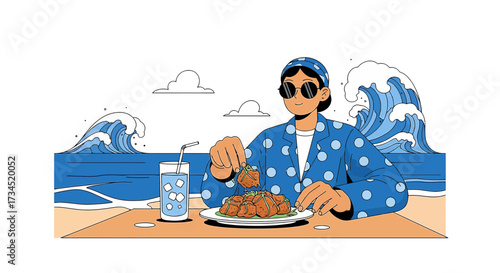 A person enjoys a delicious meal by the beach with the waves crashing creating a relaxing atmosphere
