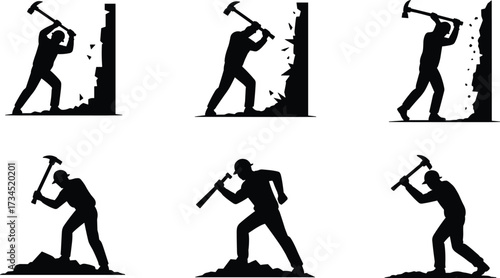 Silhouette of construction worker using hammer for demolition, breaking wall and ground, heavy labor, building destruction, renovation work, industrial workforce, construction site illustration
