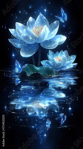 Two luminous blue lotus flowers with butterflies hover above reflective water with sparkling lights in a dark setting, creating a magical scene