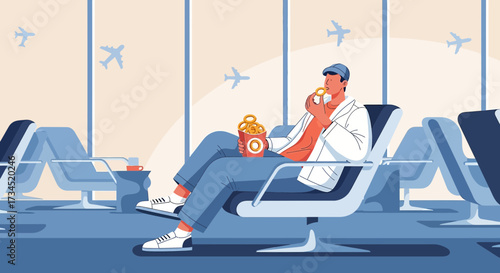 A traveler enjoys snack while waiting at airport departure lounge with airplanes flying outside a