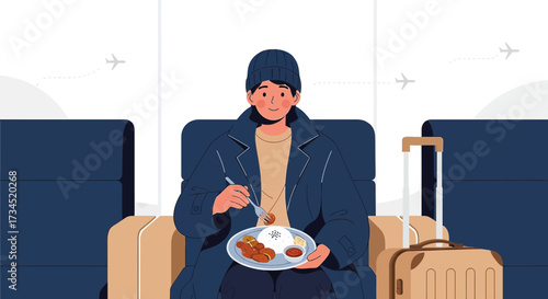 A traveller enjoys a meal at the airport lounge before his flight departure time at the gate