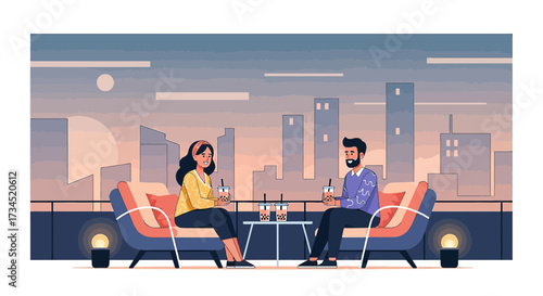 Animated couple enjoying bubble tea on a rooftop terrace with a city view at sunset