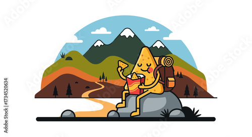 Animated nacho enjoying a snack break during hiking adventure in the mountains with scenic