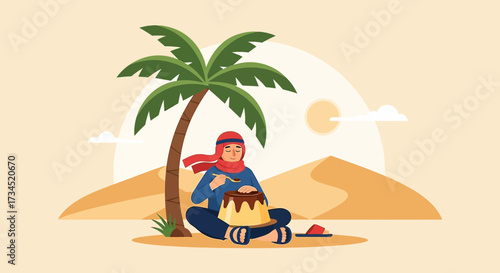 Arabian Dessert Break: A Tranquil Moment Under the Palm Tree in the Desert