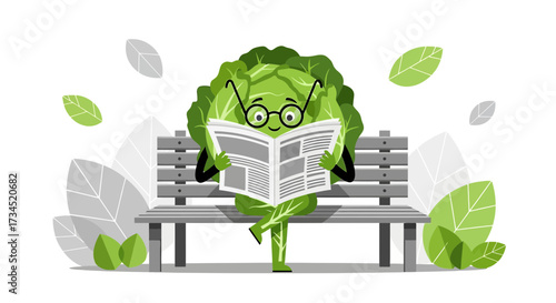 Anthropomorphic cabbage character with glasses reading a newspaper on a park bench