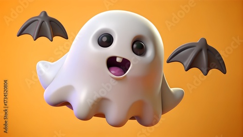 Halloween-themed: 3D plastic toy a ghost in a white robe, large eyes, a wide smile. The background is a solid, warm orange color.