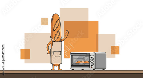 Baguette chef with an oven in a kitchen scene creating a playful culinary experience with modern