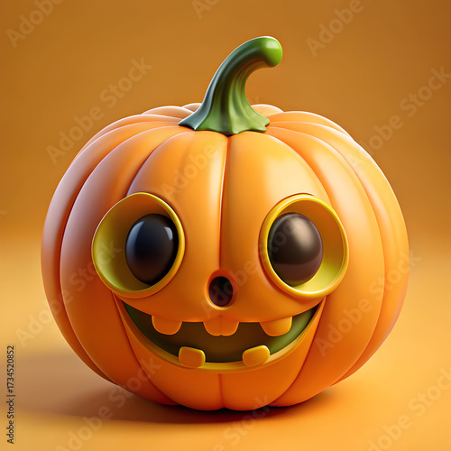 Halloween-themed: a jack-o'-lantern , 3D plastic toy pumpkin with exaggerated, large eyes, a wide smile with visible teeth, and a small nose. The background is a solid, warm orange color.