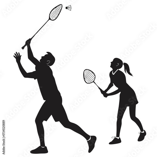 High-quality badminton player vector silhouette design showing dynamic sports action with racket and shuttlecock. Perfect for sports illustrations, athlete posters, fitness graphics, competition banne