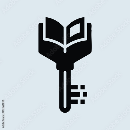 Open book with a key symbol representing knowledge, learning, and unlocking information in a minimalistic design