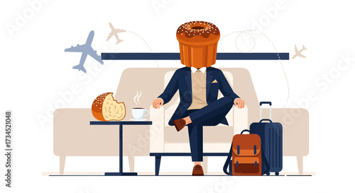 Bread Head Business Traveler Relaxing in Airport Lounge Before a Flight Destination