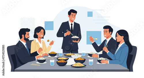 Business colleagues enjoying lunch together in a modern office setting at a table eating rice