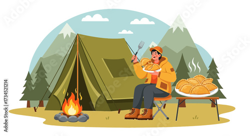 Camping Adventure Featuring Traditional Cuisine Around a Cozy Fire Under Mountain Views