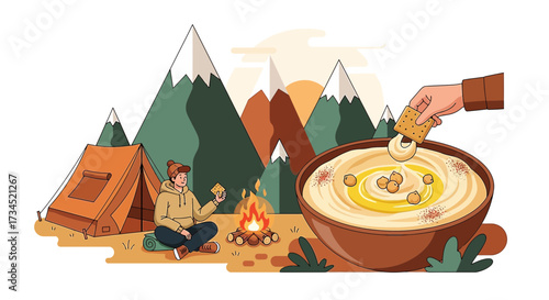 Camping adventure: Hummus and cracker snack amidst mountain scenery with campfire vibes