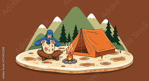 Camping Adventure on a Pizza: Whimsical Illustration of Outdoor Life and Culinary Fun