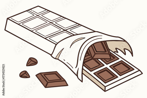 Chocolate bar with wrapper partially peeled in white background