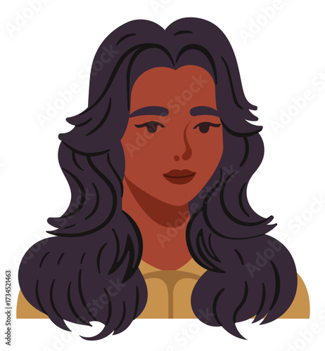 Woman portrait with layered long hair butterfly style. Female avatar vector illustration.
