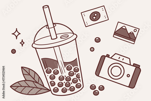 Cute bubble tea drink with straw and boba vector illustration