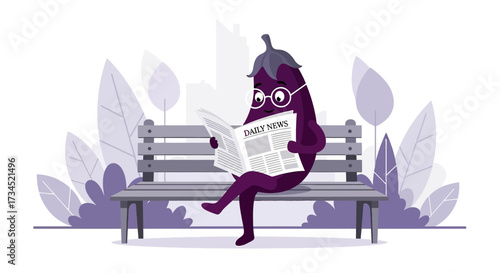 Cartoon eggplant reading newspaper sitting on bench in park illustration vector isolated concept