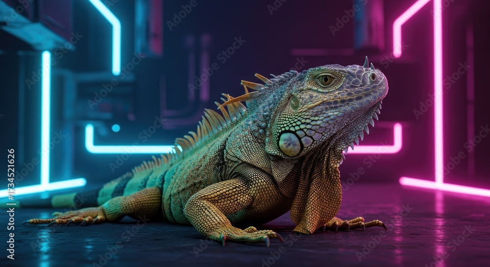 Fototapeta premium A vibrant iguana positioned within a futuristic setting, illuminated by vibrant neon lights, showcasing a dynamic interplay of color and texture.