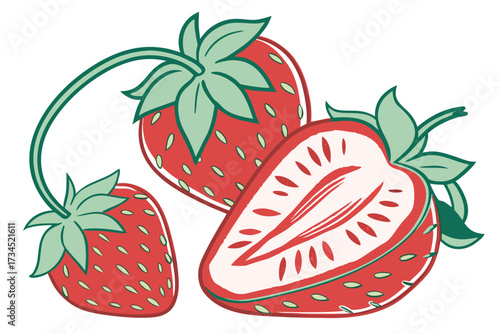 Three red strawberries fruit illustration on a white background