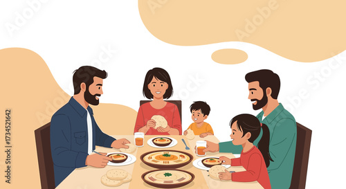 Cartoon illustration depicting family enjoying middle eastern cuisine together happily at home