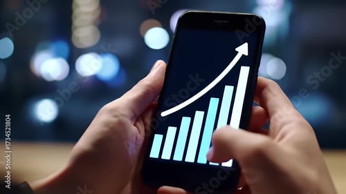 Person Holding Smartphone Displaying Upward Trend Chart Against Blurred City Lights