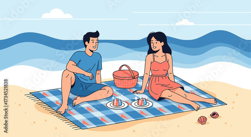 Cartoon illustration of a happy couple enjoying a picnic on the beach together in summer