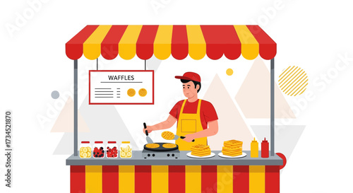 Cartoon illustration of a man cooking waffles at a street food vendor stand with a red and yellow