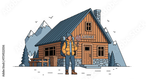 Cartoon illustration of hiker at a mountain lodge with a lollipop and scenic background scenery