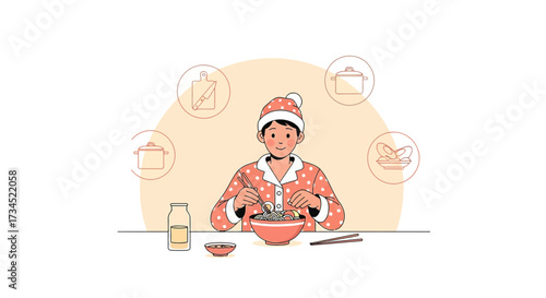 Cartoon illustration showcasing a person in pajamas enjoying a meal with cooking utensils