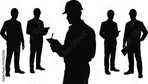 Silhouette of engineers and architects in suits with helmets, construction supervisors holding clipboard, project management, building inspection, teamwork