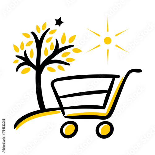 Shopping cart icon with tree and sun in a bright design  