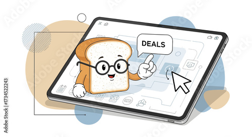 Cartoon toast character presenting online deals on a tablet device with modern design