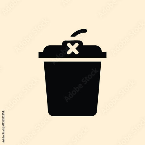 Minimalist of a trash bin with a lid and a crumpled paper inside, representing waste disposal or recycling symbol
