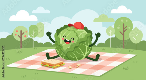 Cheerful cabbage character having a picnic in a park on a sunny day illustration
