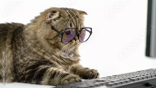 Scottish Fold Cat Wearing Eyeglasses Typing on Computer Keyboard on White Background