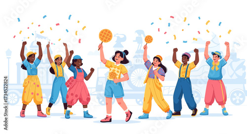 Cheerful group of diverse people celebrating with waffles and confetti against a train background
