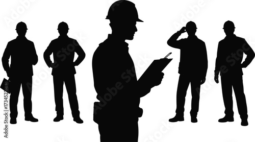 Silhouette of construction engineers and supervisors with clipboard, architects discussing building project, industrial workforce, site management, teamwork