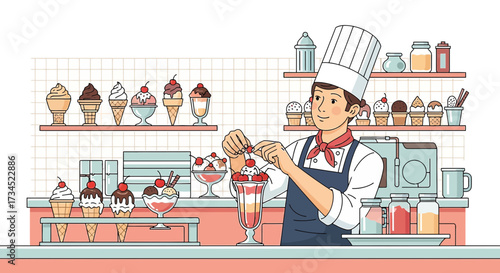 Chef creating an ice cream sundae in a retro ice cream parlor with various treats and decorations