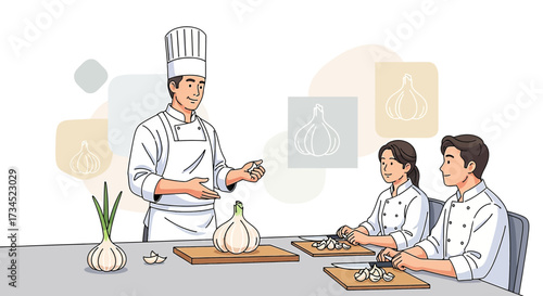 Chef demonstrating garlic preparation techniques to students in a culinary class setting