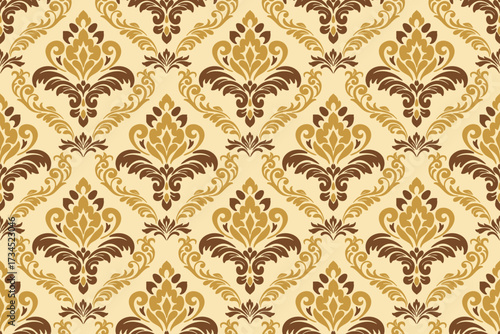 Seamless damask pattern background. Luxurious classic ornament in baroque style. Golden ornament design for wallpaper, textiles and luxury interior.