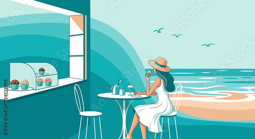 Coastal cafe scene featuring a woman enjoying a cupcake with ocean view ambience