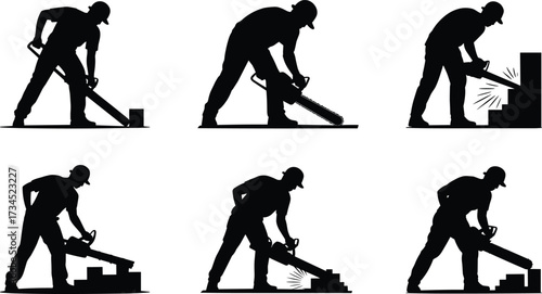 Silhouette of construction worker using power saw tool for cutting concrete, industrial labor, demolition job, building work, engineering, construction site, worker illustration