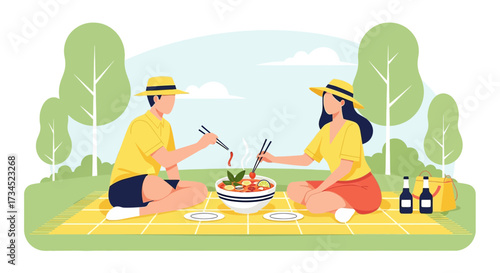 Couple enjoying a vibrant picnic with traditional dishes outdoors in a scenic landscape