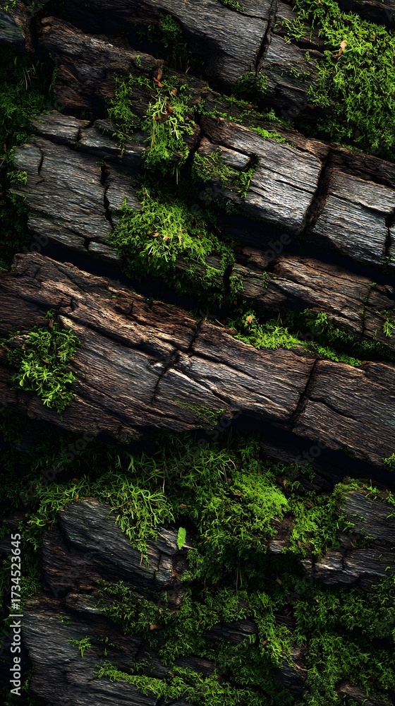 Fototapeta premium Textured view showcases rough, dark wooden surface with vibrant green moss.