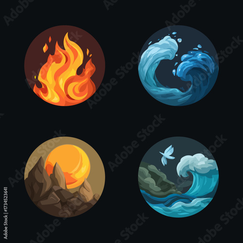 Four elemental icons on a dark background, featuring fire, water waves, sun behind mountains, and water with bird