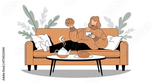 Cozy woman relaxing on couch with tea and pastry enjoying a peaceful afternoon at home